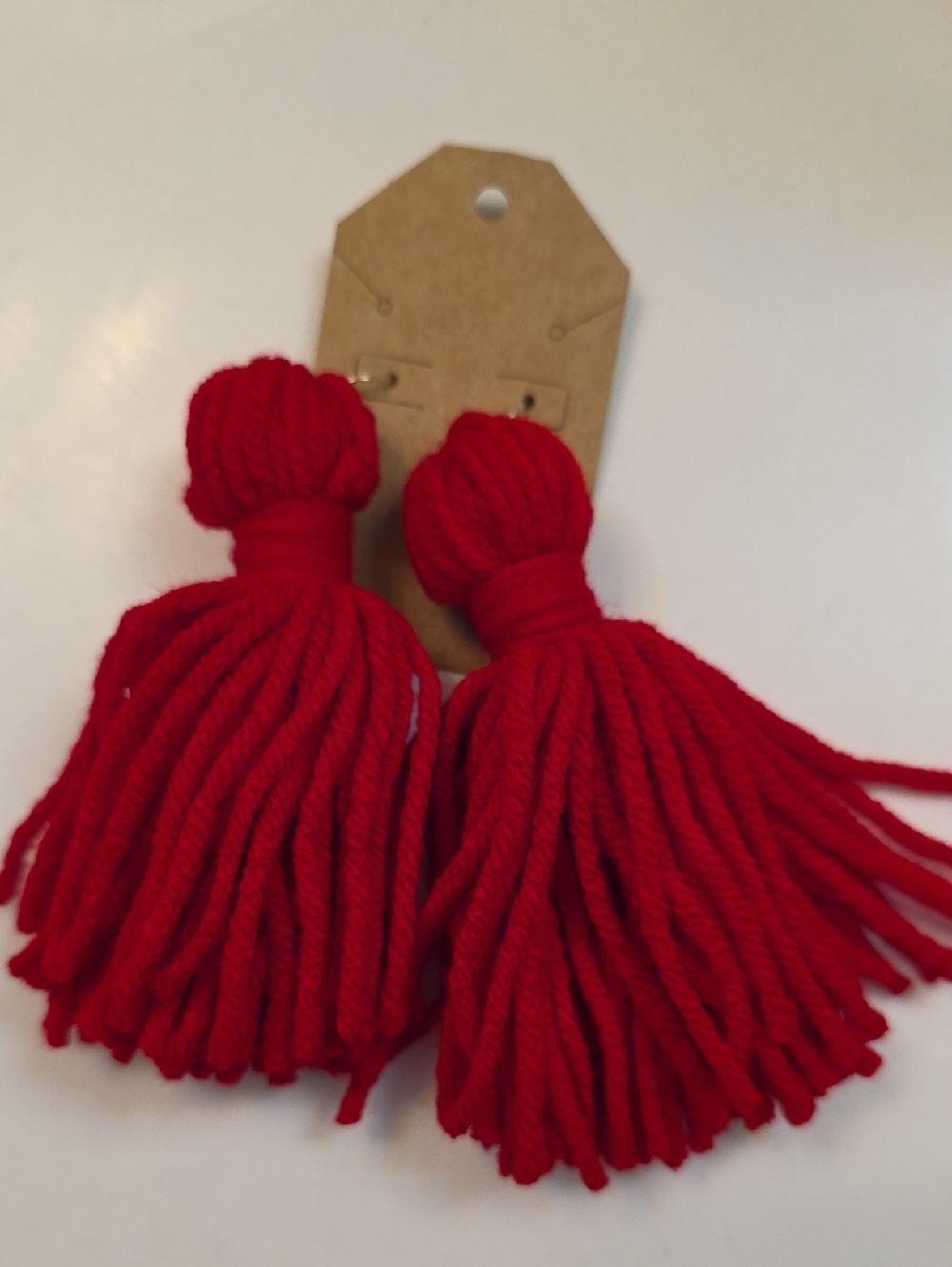 Handmade Red Yarn Tassel Earrings - Bold Statement